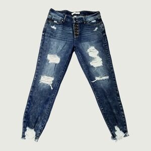 Distressed Whiskering Blue Stretch Comfortable Button Fly Slimming Sz:8